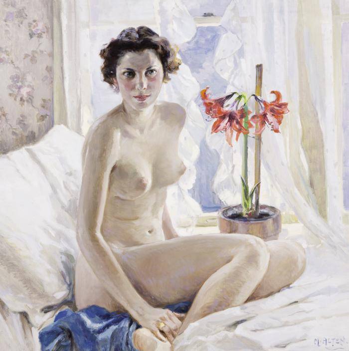 Nude female figure sitting next to an open window with amaryllis flowers in a vase next to her